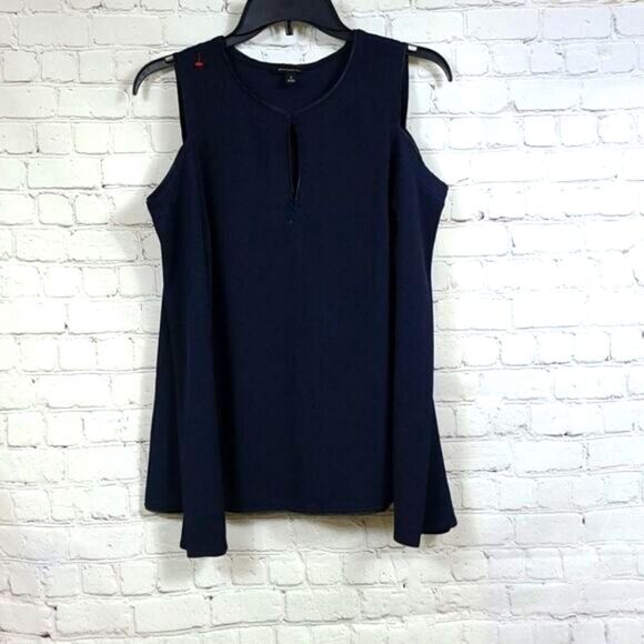 Banana Republic Navy Crepe Cold Shoulder Blouse Career Top Long Sleeve Textured - Picture 2 of 9